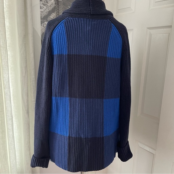 Adam Lippes Shawl Collar Plaid Cardigan in Blue Buffalo - Picture 5 of 10